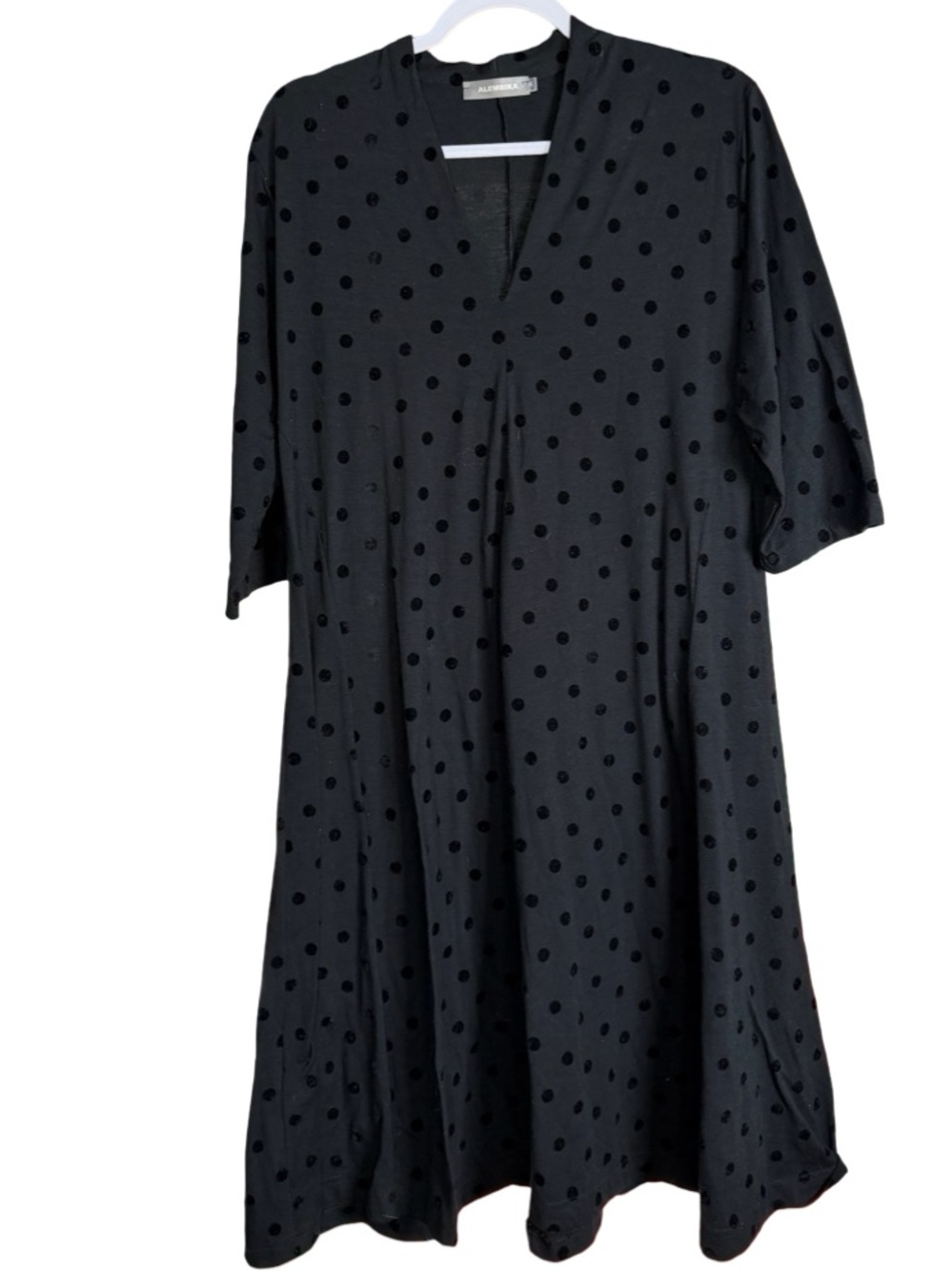 Alembika Black V-Neck Polka Dot 3/4 Sleeve A-Line midi Dress size 6 US medium